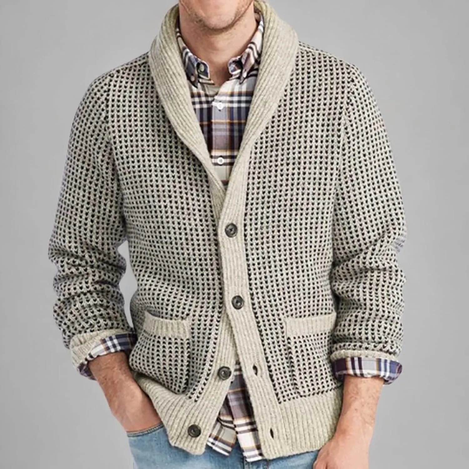 Color Block Sweater Men Shawl Collar Cardigans Button Up Knit Cardigan Slim Fit Lightweight Cable Knit Sweaters