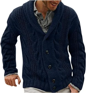 Color Block Sweater Men Shawl Collar Cardigans Button Up Knit Cardigan Slim Fit Lightweight Cable Knit Sweaters