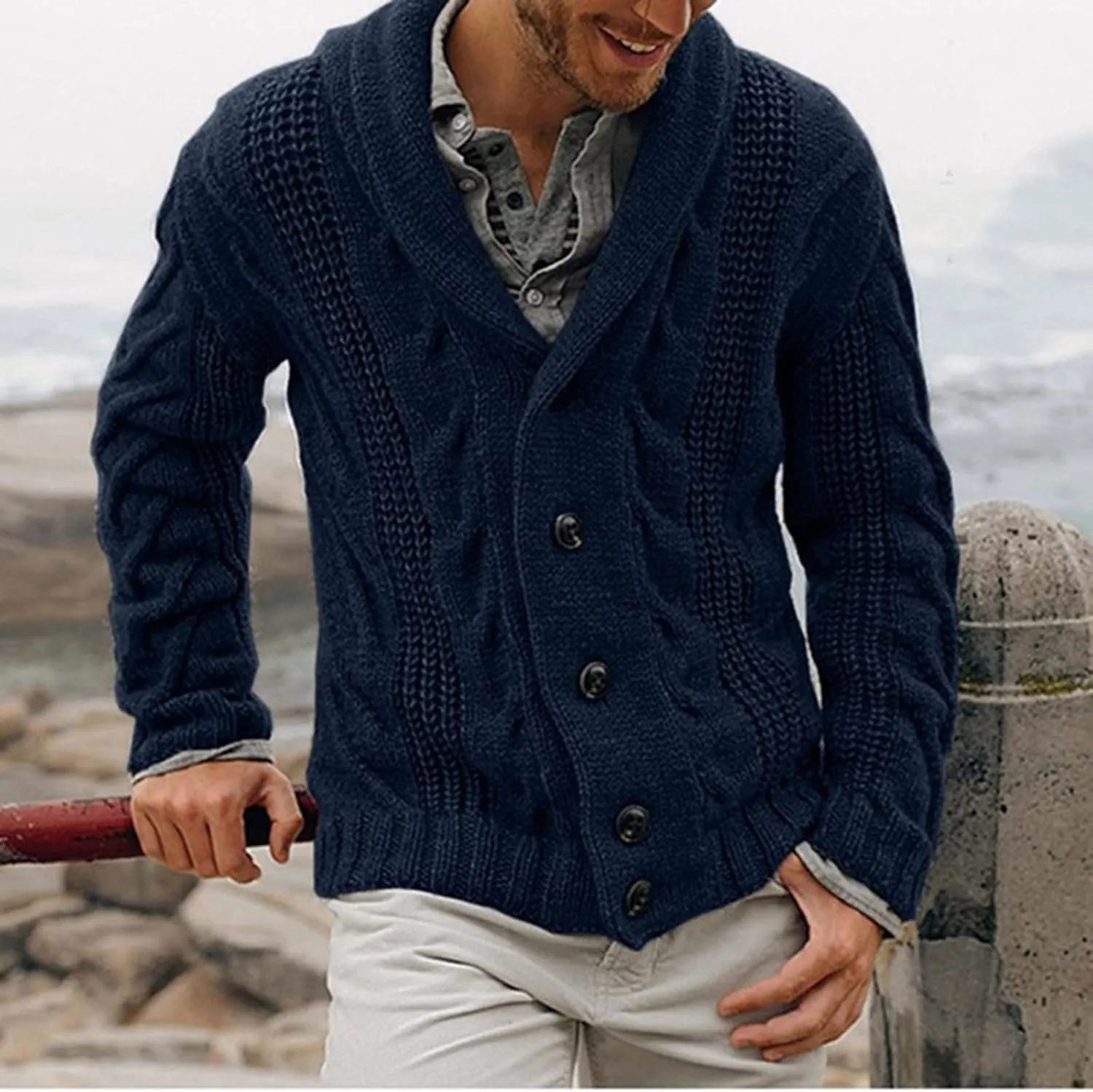 Color Block Sweater Men Shawl Collar Cardigans Button Up Knit Cardigan Slim Fit Lightweight Cable Knit Sweaters