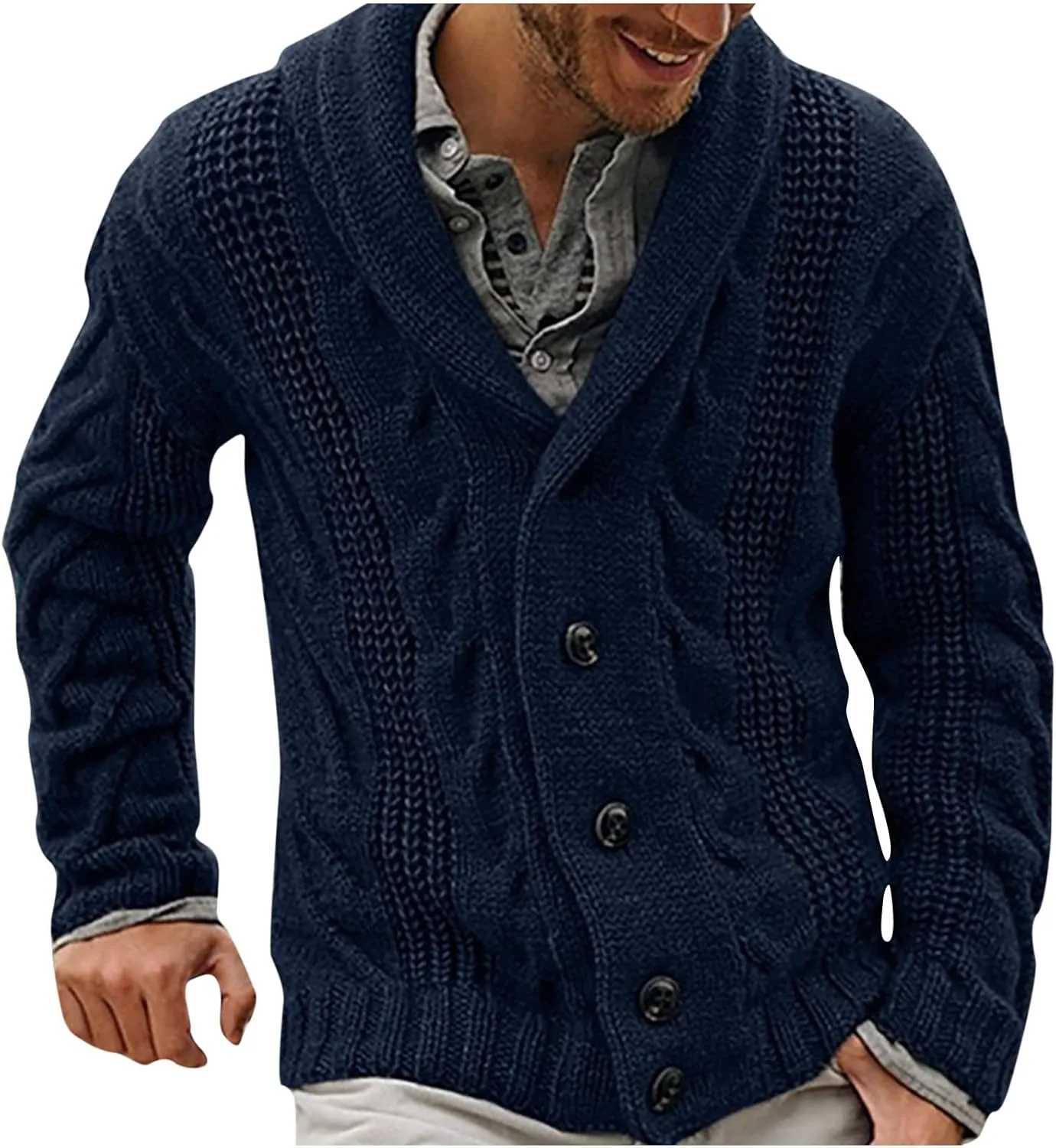 Color Block Sweater Men Shawl Collar Cardigans Button Up Knit Cardigan Slim Fit Lightweight Cable Knit Sweaters