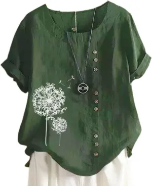 Cotton Linen Tops for Women Loose Comfy Floral Graphic Tees Casual Short Sleeve Round Neck T Shirt Button Down Shirts