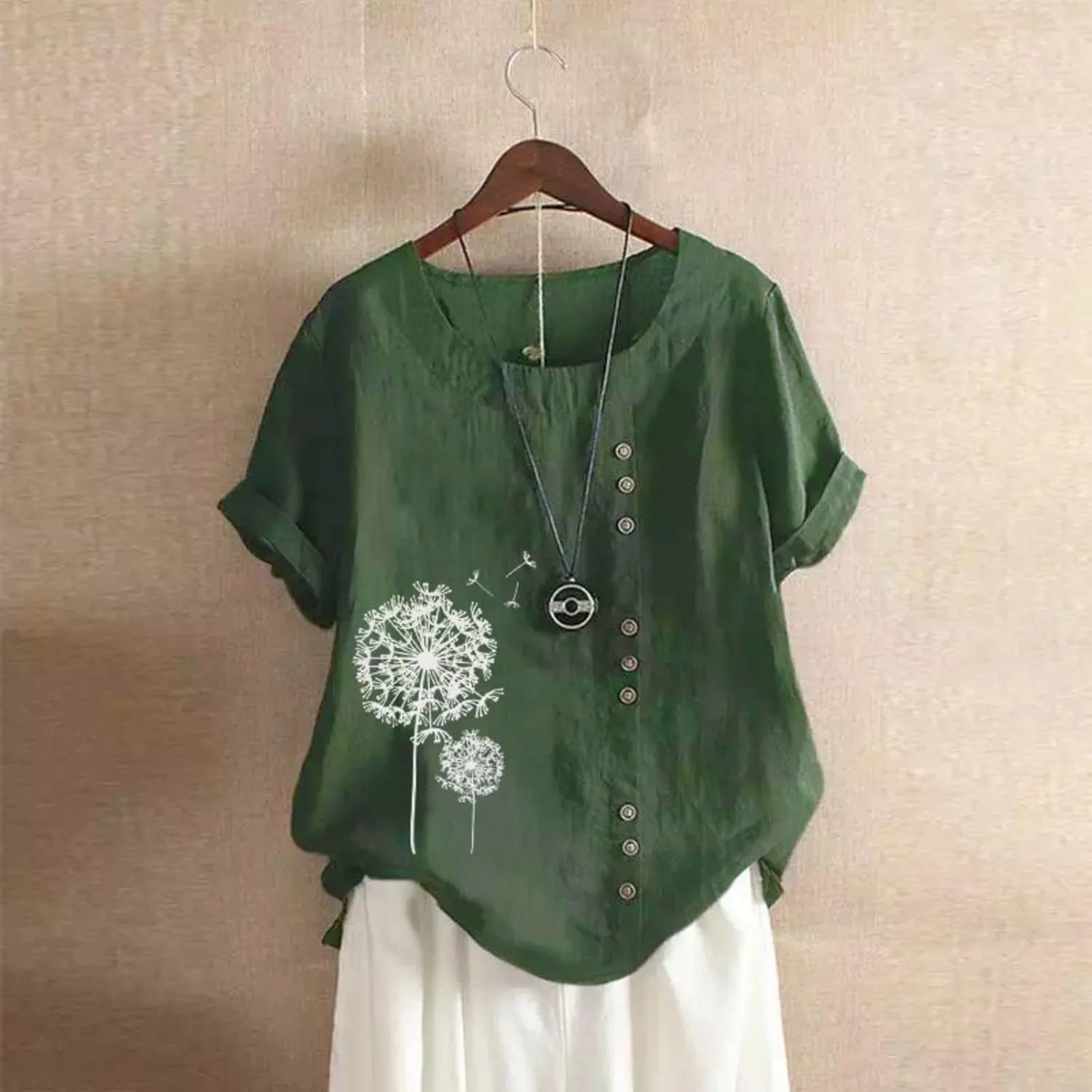 Cotton Linen Tops for Women Loose Comfy Floral Graphic Tees Casual Short Sleeve Round Neck T Shirt Button Down Shirts