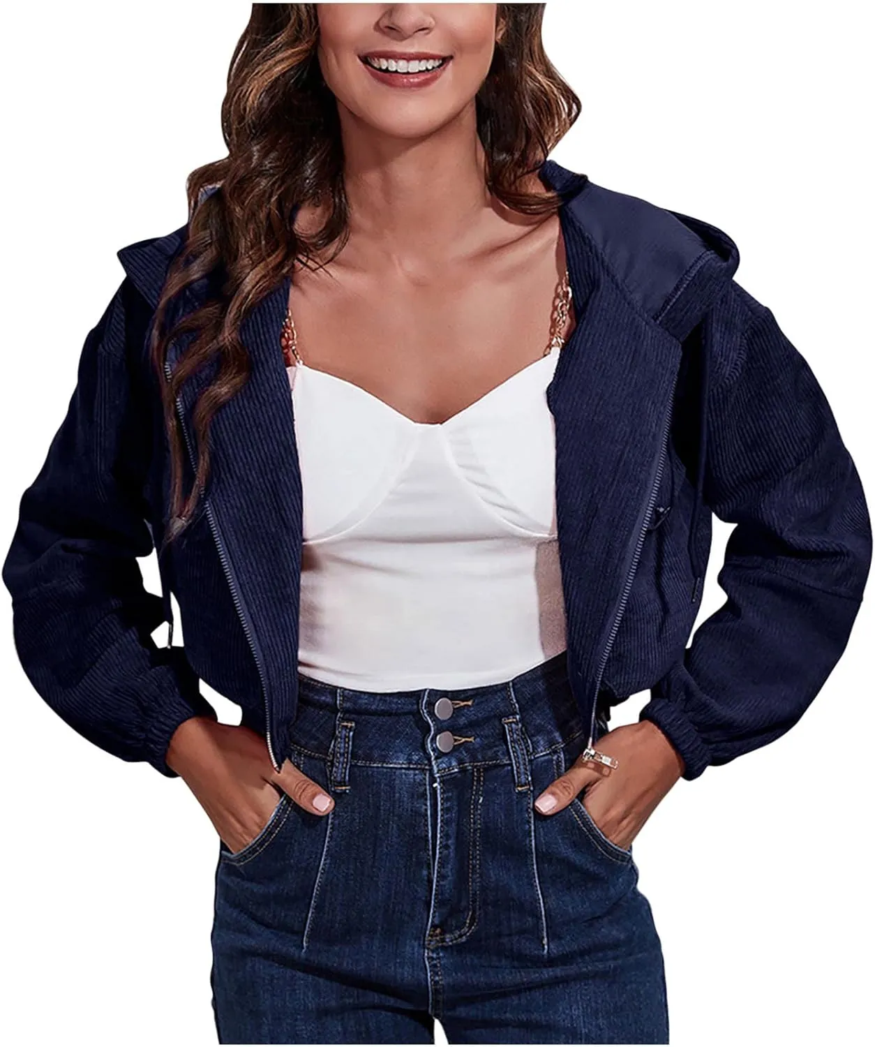 Cropped Corduroy Hooded Jacket for Women Teen Girls,Long Sleeve Drop Shoulder Zip Up Hoodies Solid Loose Fit Sweatshirts