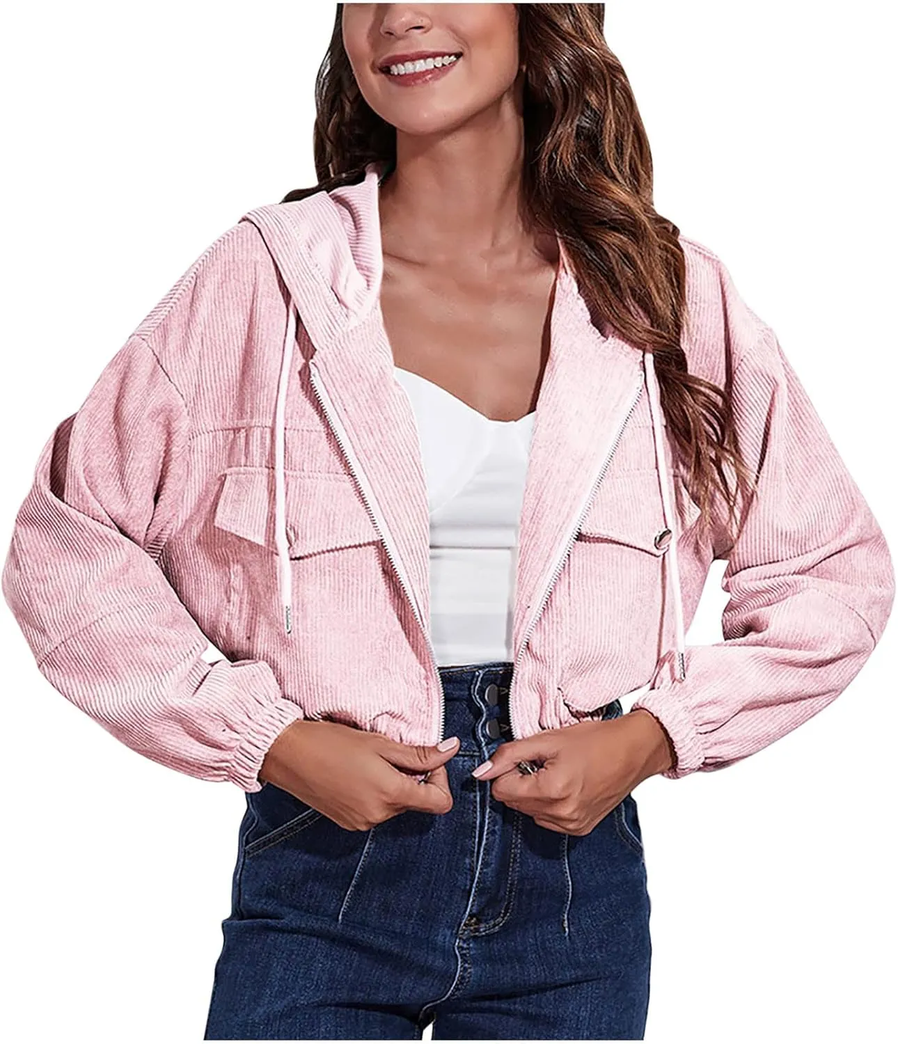 Cropped Corduroy Hooded Jacket for Women Teen Girls,Long Sleeve Drop Shoulder Zip Up Hoodies Solid Loose Fit Sweatshirts