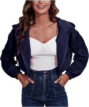 Cropped Corduroy Hooded Jacket for Women Teen Girls,Long Sleeve Drop Shoulder Zip Up Hoodies Solid Loose Fit Sweatshirts