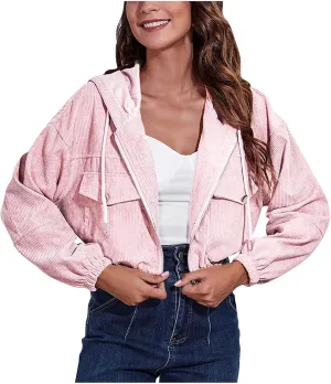 Cropped Corduroy Hooded Jacket for Women Teen Girls,Long Sleeve Drop Shoulder Zip Up Hoodies Solid Loose Fit Sweatshirts