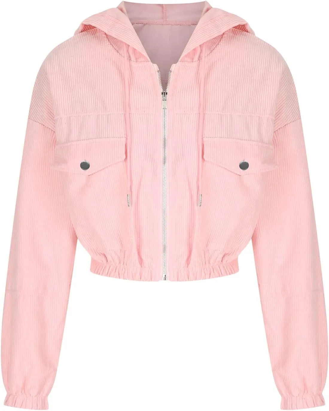 Cropped Corduroy Hooded Jacket for Women Teen Girls,Long Sleeve Drop Shoulder Zip Up Hoodies Solid Loose Fit Sweatshirts