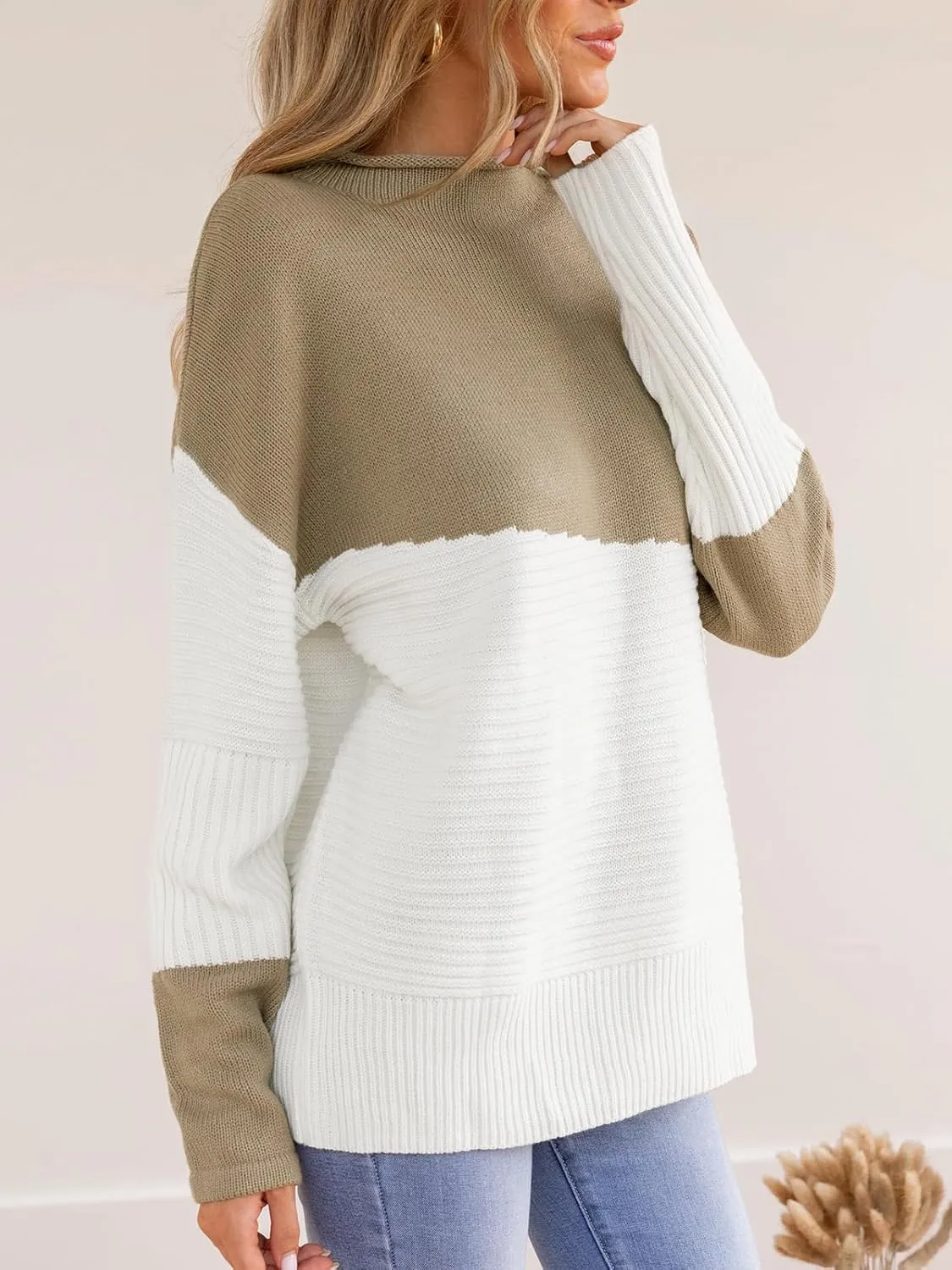 CUPSHE Womens Long Sleeve Mock Neck Sweaters Colorblock Oversized Knit Pullover Jumper Tops