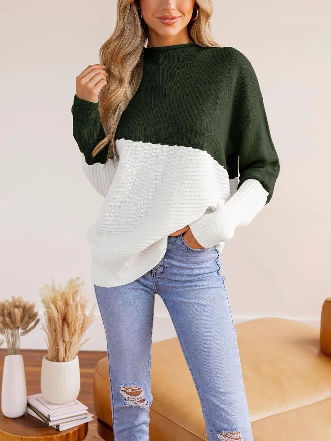 CUPSHE Womens Long Sleeve Mock Neck Sweaters Colorblock Oversized Knit Pullover Jumper Tops