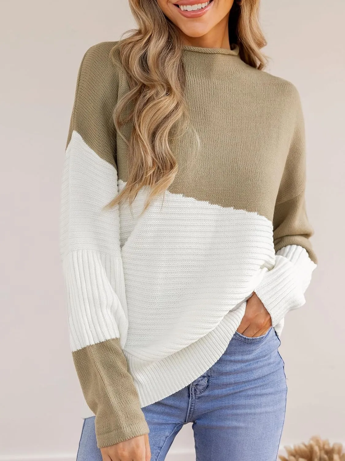 CUPSHE Womens Long Sleeve Mock Neck Sweaters Colorblock Oversized Knit Pullover Jumper Tops