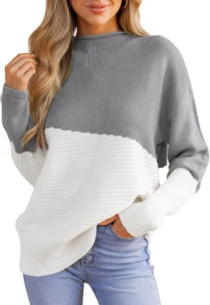 CUPSHE Womens Long Sleeve Mock Neck Sweaters Colorblock Oversized Knit Pullover Jumper Tops