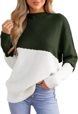 CUPSHE Womens Long Sleeve Mock Neck Sweaters Colorblock Oversized Knit Pullover Jumper Tops