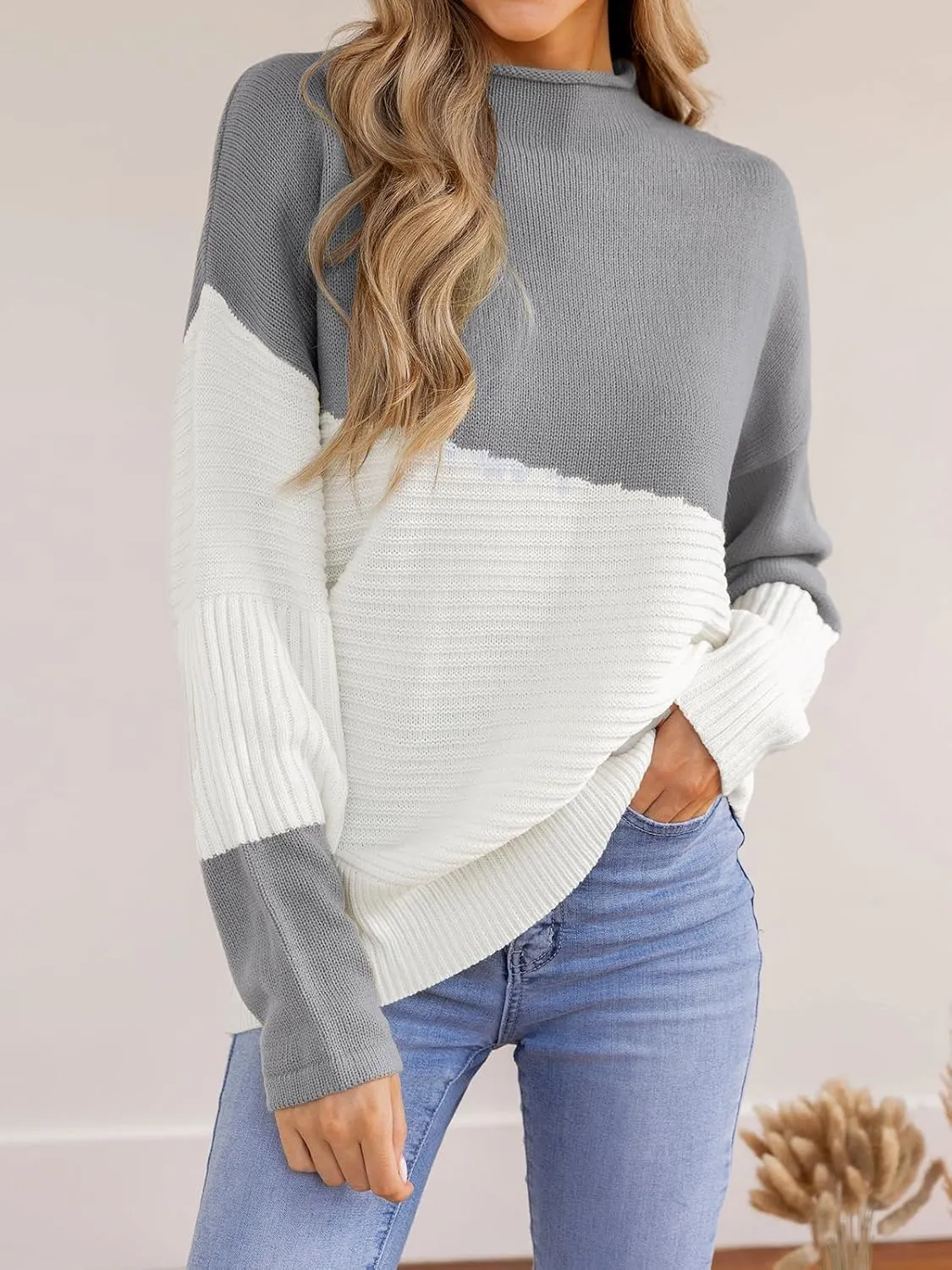 CUPSHE Womens Long Sleeve Mock Neck Sweaters Colorblock Oversized Knit Pullover Jumper Tops