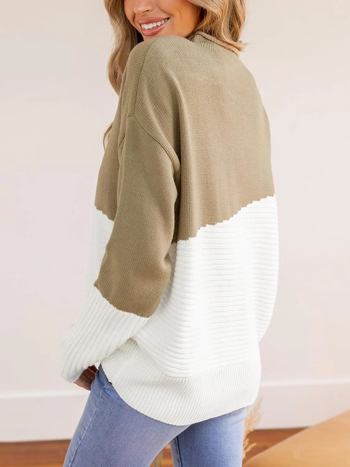 CUPSHE Womens Long Sleeve Mock Neck Sweaters Colorblock Oversized Knit Pullover Jumper Tops