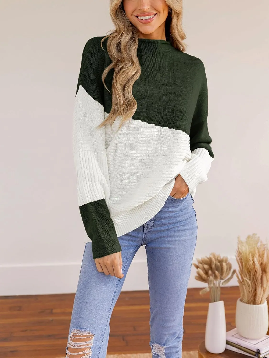 CUPSHE Womens Long Sleeve Mock Neck Sweaters Colorblock Oversized Knit Pullover Jumper Tops