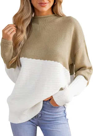 CUPSHE Womens Long Sleeve Mock Neck Sweaters Colorblock Oversized Knit Pullover Jumper Tops