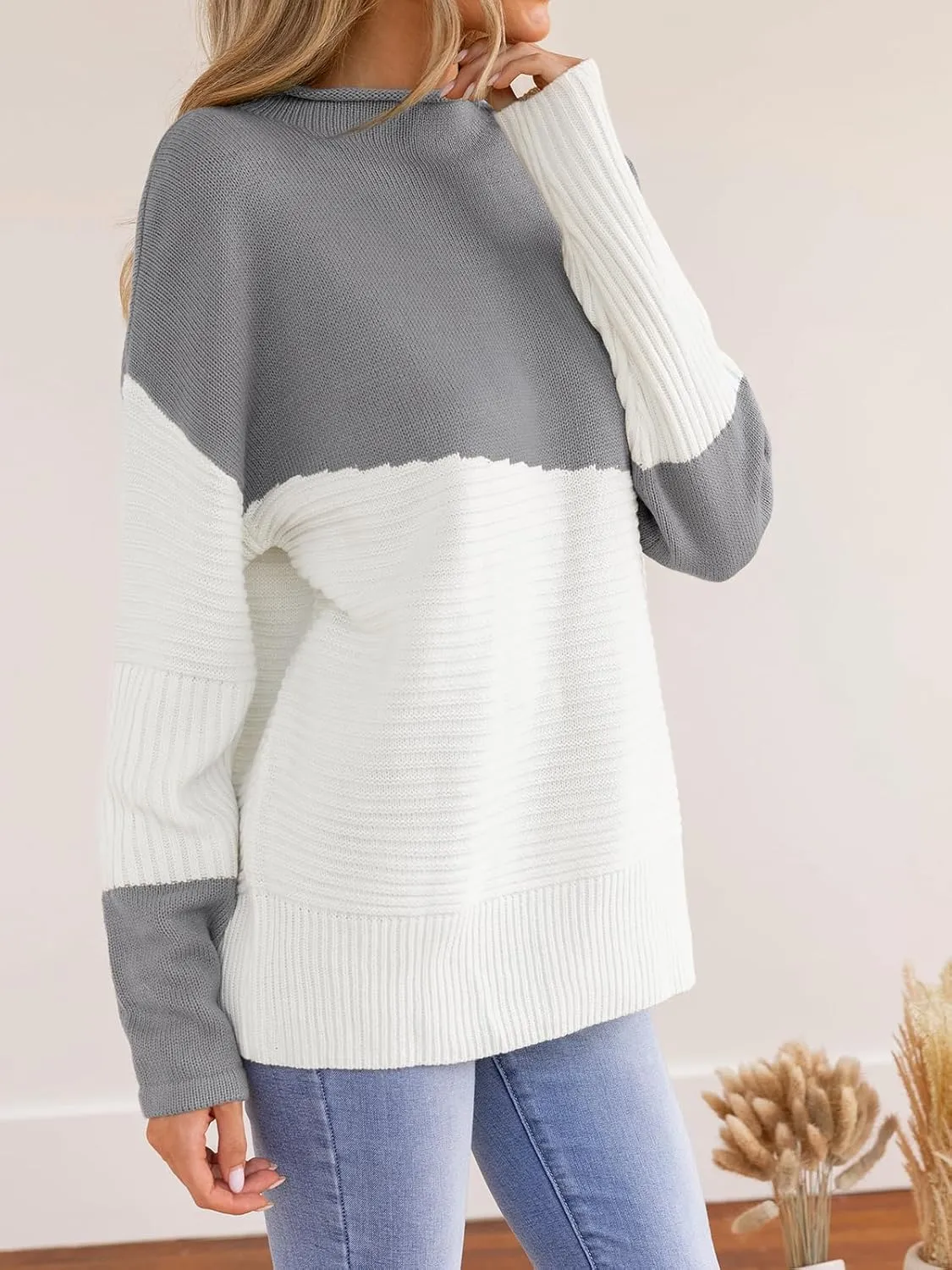 CUPSHE Womens Long Sleeve Mock Neck Sweaters Colorblock Oversized Knit Pullover Jumper Tops