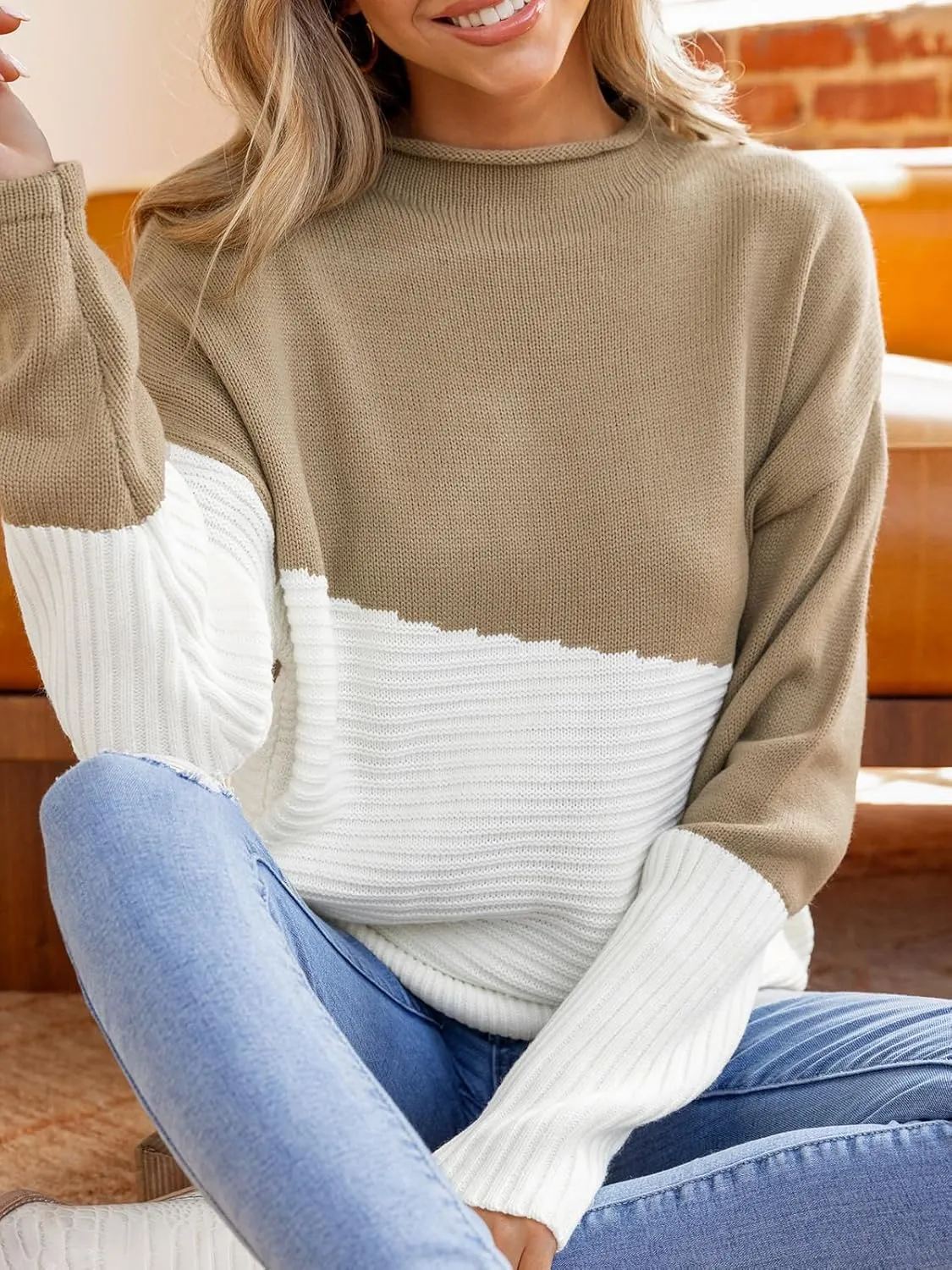 CUPSHE Womens Long Sleeve Mock Neck Sweaters Colorblock Oversized Knit Pullover Jumper Tops