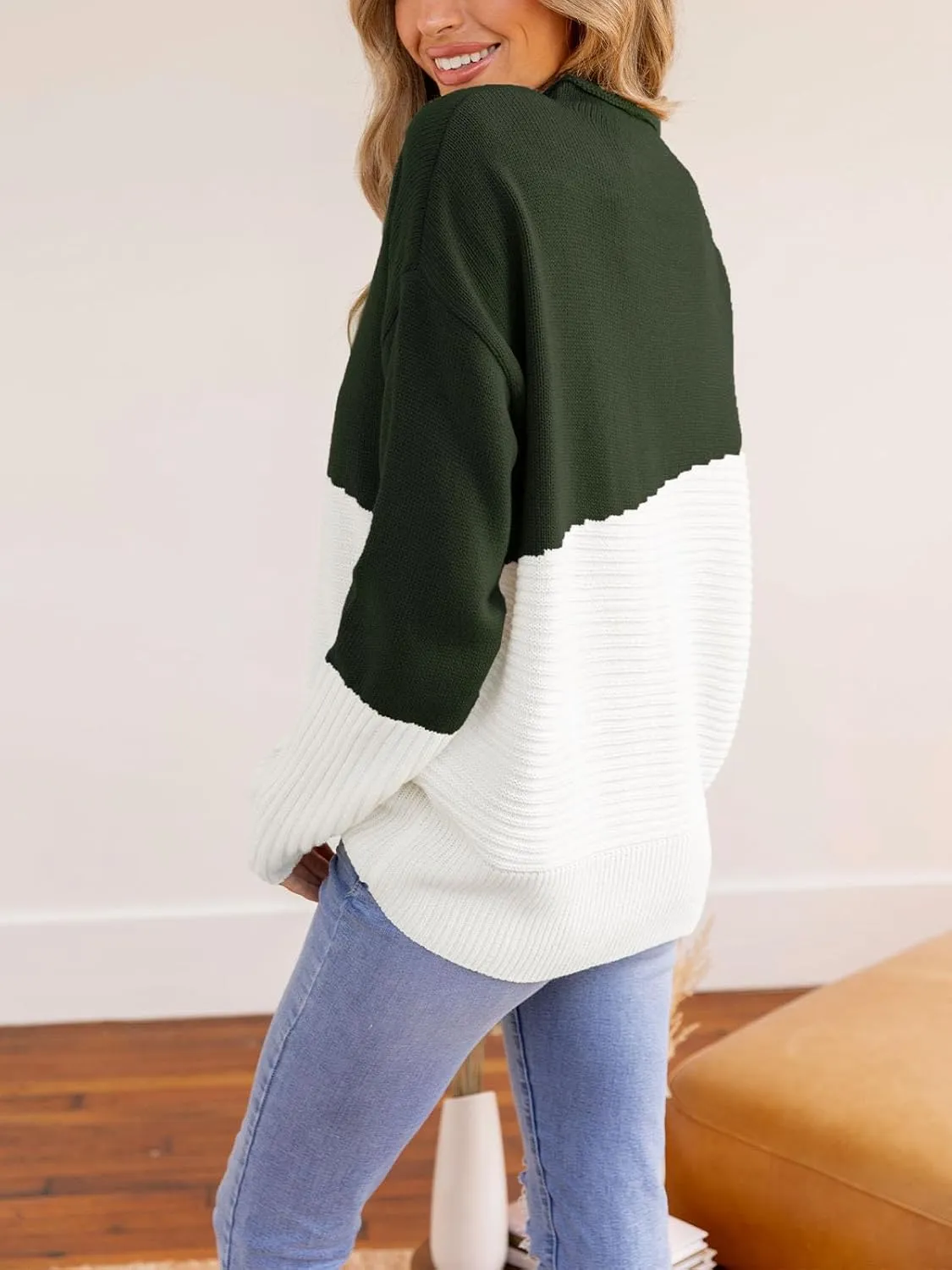 CUPSHE Womens Long Sleeve Mock Neck Sweaters Colorblock Oversized Knit Pullover Jumper Tops