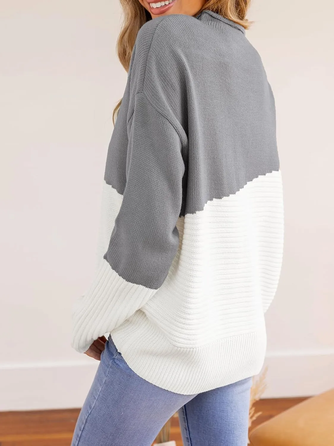 CUPSHE Womens Long Sleeve Mock Neck Sweaters Colorblock Oversized Knit Pullover Jumper Tops