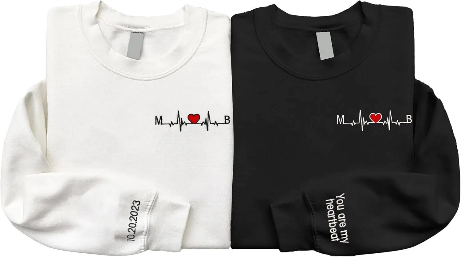 Custom Embroidered Couple Sweatshirt Hoodie, Heartbeat Embroidery, Gifts For Him, Boyfriend, Couples Matching, Anniversary, Valentine, Birthday 1