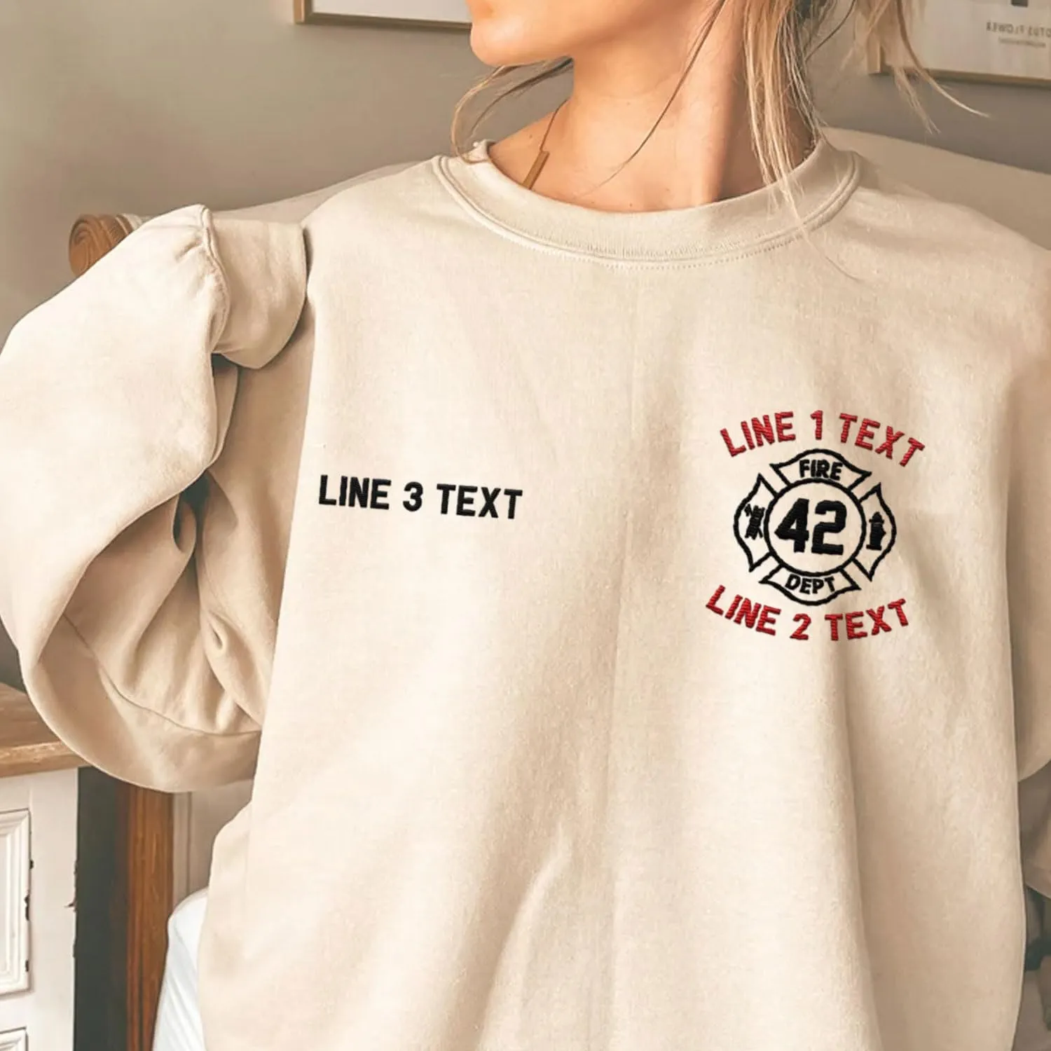 Custom Embroidered Firefighter T-Shirt Sweatshirt Hoodie Personalized Department Name Thin Red Line Flag Fireman Men Women