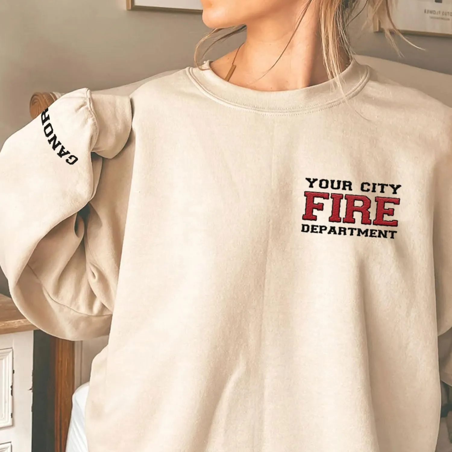 Custom Embroidered Firefighter T-Shirt Sweatshirt Hoodie Personalized Department Name Thin Red Line Flag Fireman Men Women