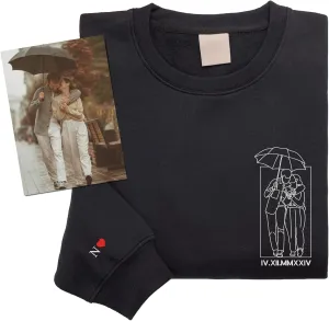 Custom Embroidered Sweatshirts Design Your Own with Names on Sleeves, Personalized Portrait T-Shirts from Photo, Matching Hoodies for Couples
