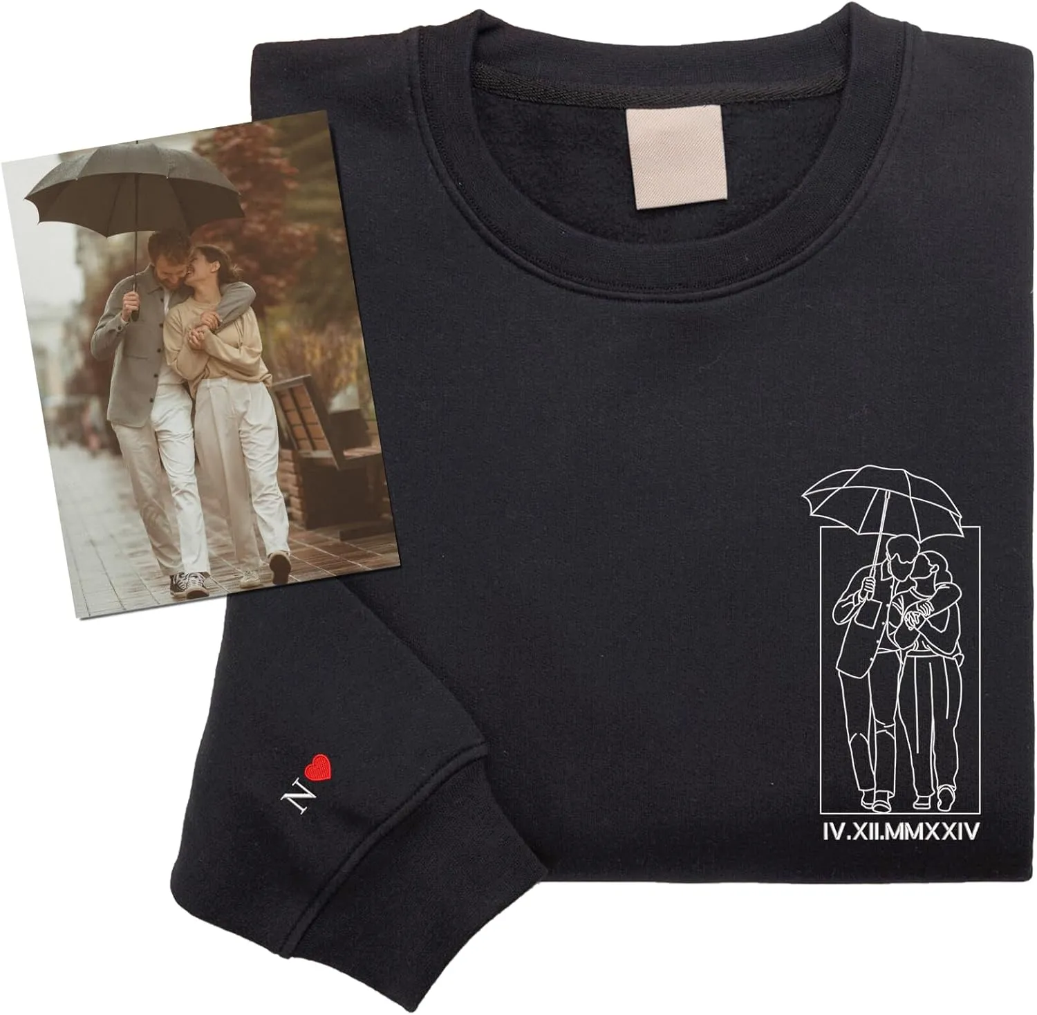 Custom Embroidered Sweatshirts Design Your Own with Names on Sleeves, Personalized Portrait T-Shirts from Photo, Matching Hoodies for Couples