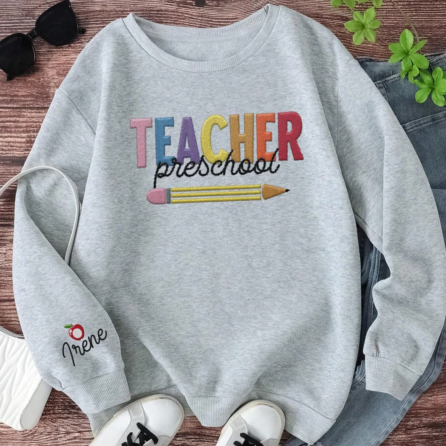 Custom Teacher Back to School Embroidered SweatShirt Gifts Preschool to Elementary ABCD Rainbow Pencil T-Shirts for Women Men
