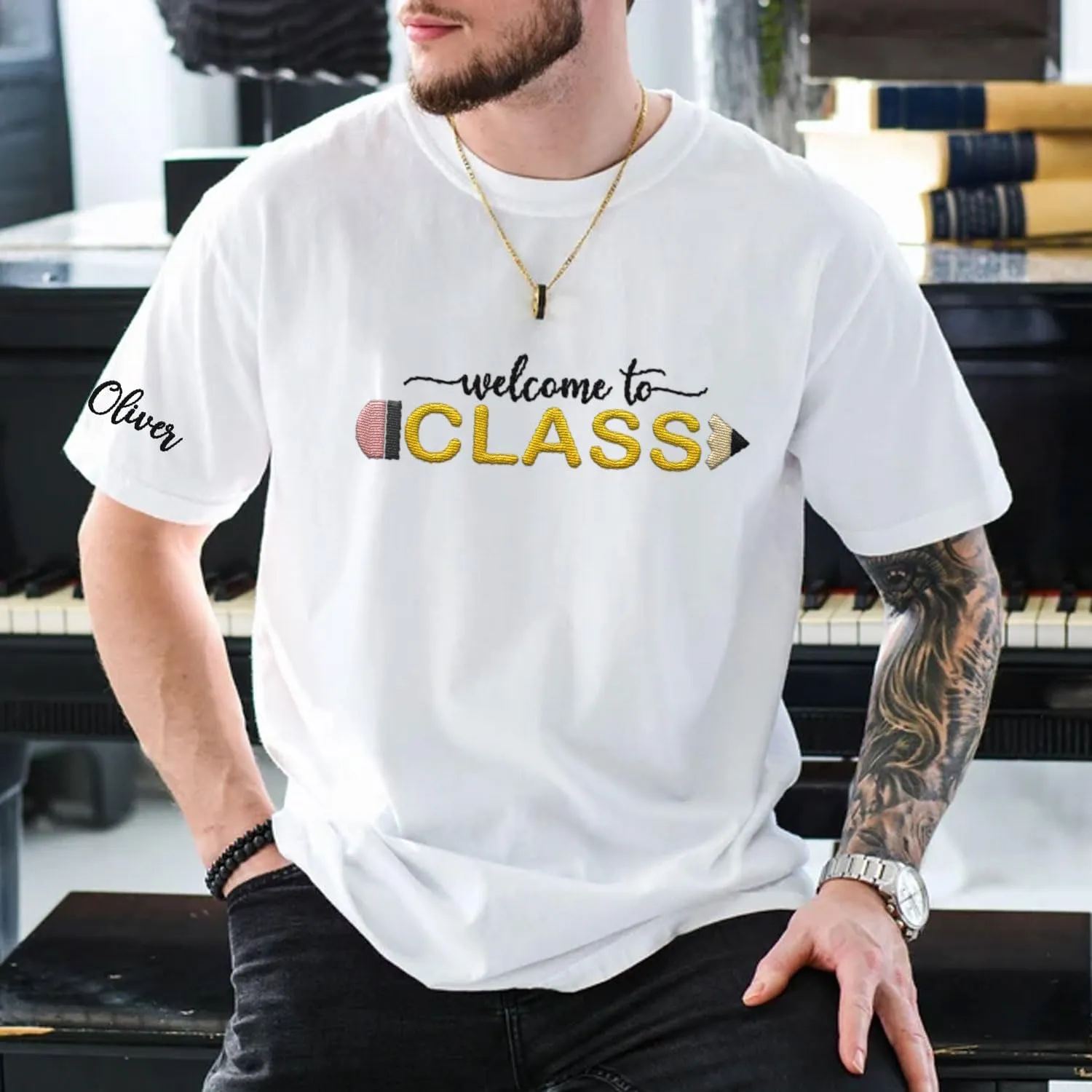 Custom Teacher Back to School Embroidered SweatShirt Gifts Preschool to Elementary ABCD Rainbow Pencil T-Shirts for Women Men