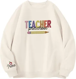 Custom Teacher Back to School Embroidered SweatShirt Gifts Preschool to Elementary ABCD Rainbow Pencil T-Shirts for Women Men