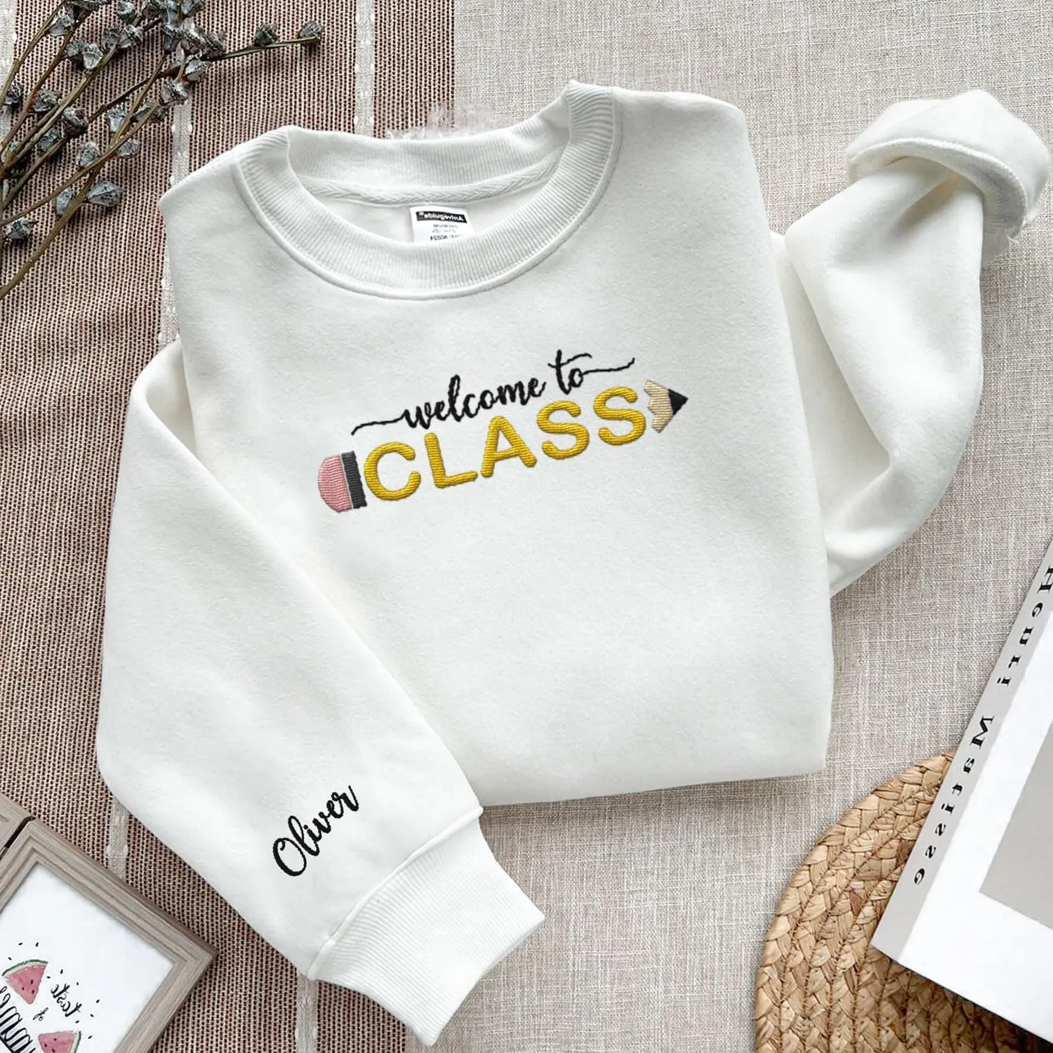 Custom Teacher Back to School Embroidered SweatShirt Gifts Preschool to Elementary ABCD Rainbow Pencil T-Shirts for Women Men