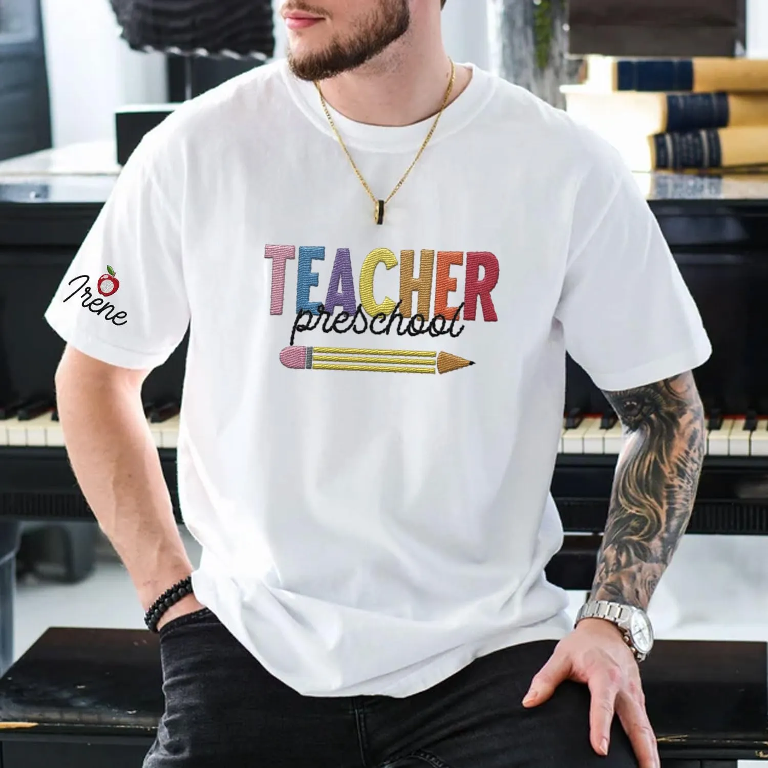 Custom Teacher Back to School Embroidered SweatShirt Gifts Preschool to Elementary ABCD Rainbow Pencil T-Shirts for Women Men