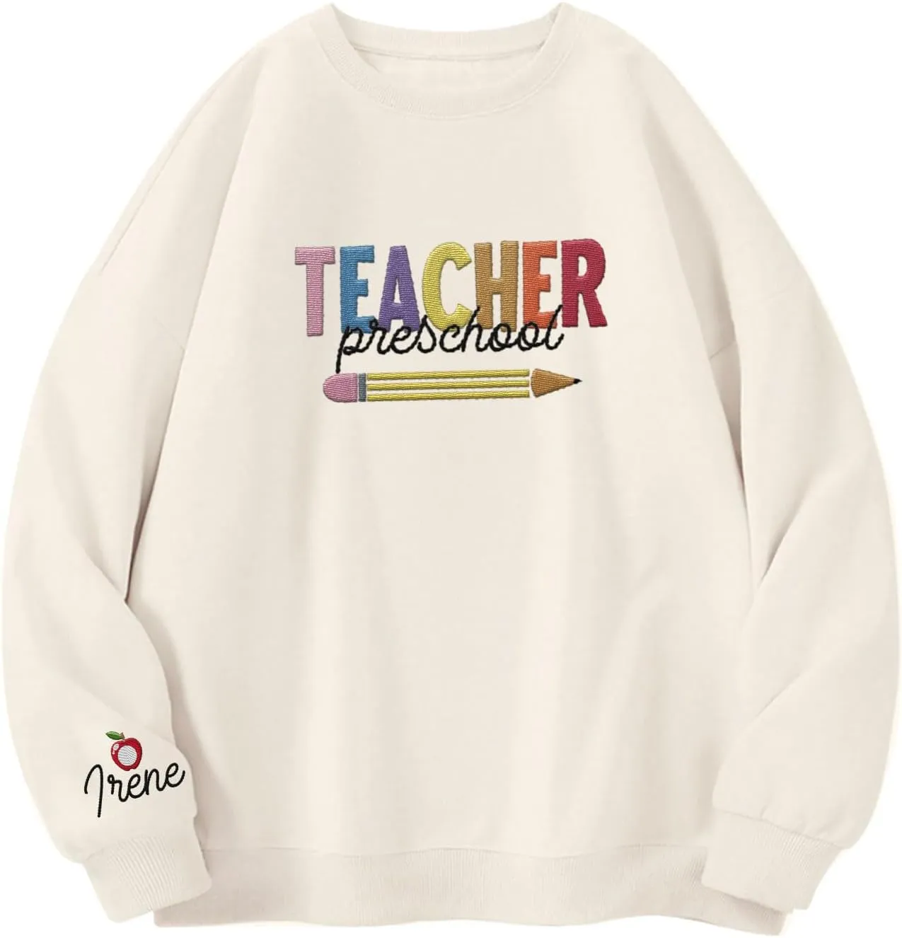 Custom Teacher Back to School Embroidered SweatShirt Gifts Preschool to Elementary ABCD Rainbow Pencil T-Shirts for Women Men