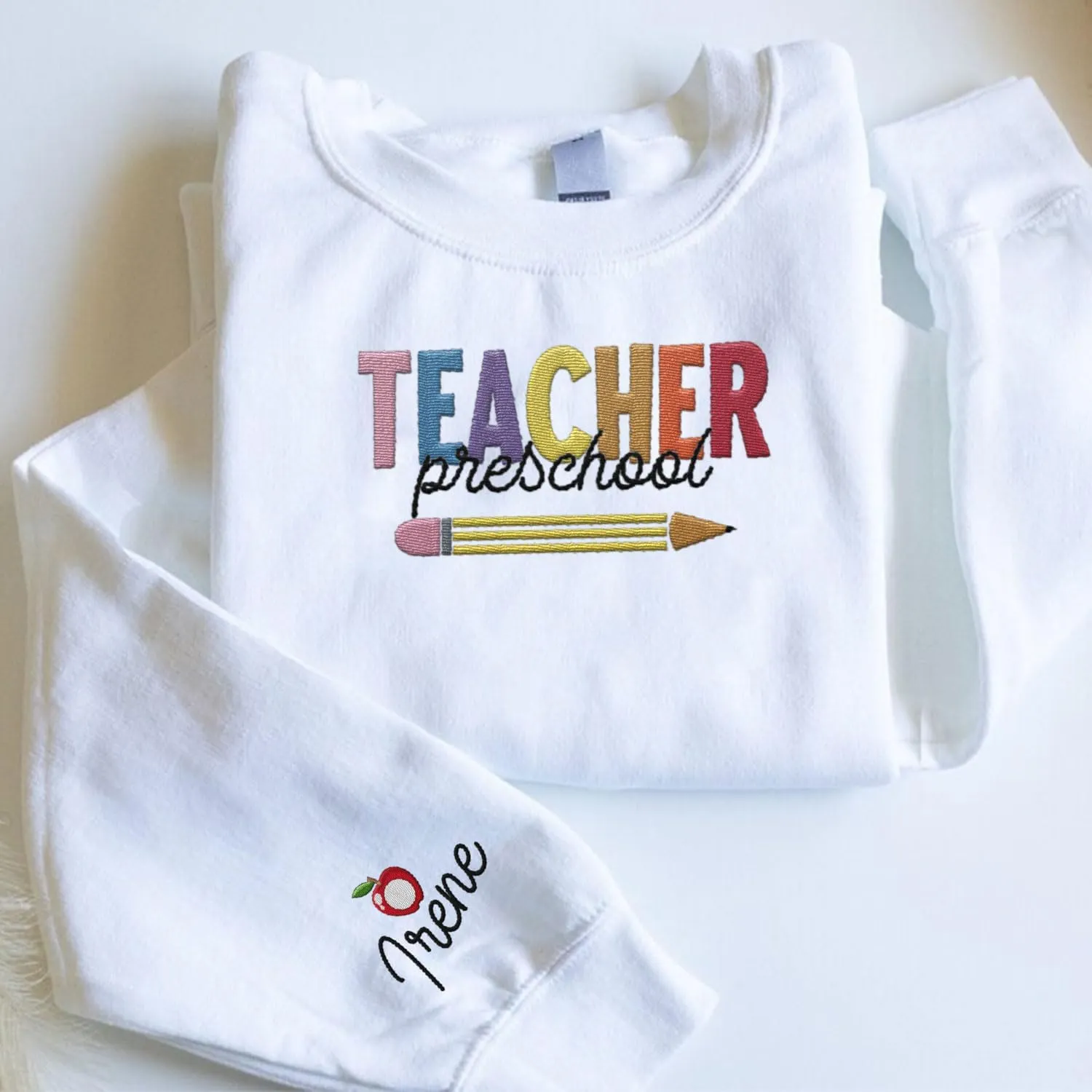 Custom Teacher Back to School Embroidered SweatShirt Gifts Preschool to Elementary ABCD Rainbow Pencil T-Shirts for Women Men