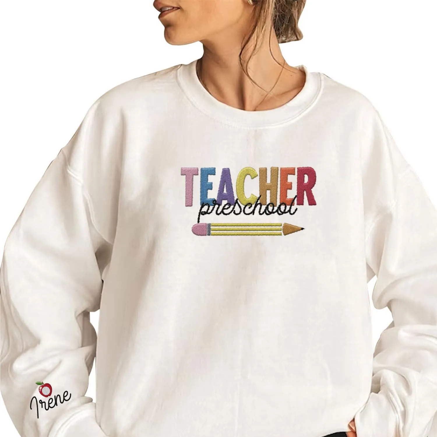 Custom Teacher Back to School Embroidered SweatShirt Gifts Preschool to Elementary ABCD Rainbow Pencil T-Shirts for Women Men