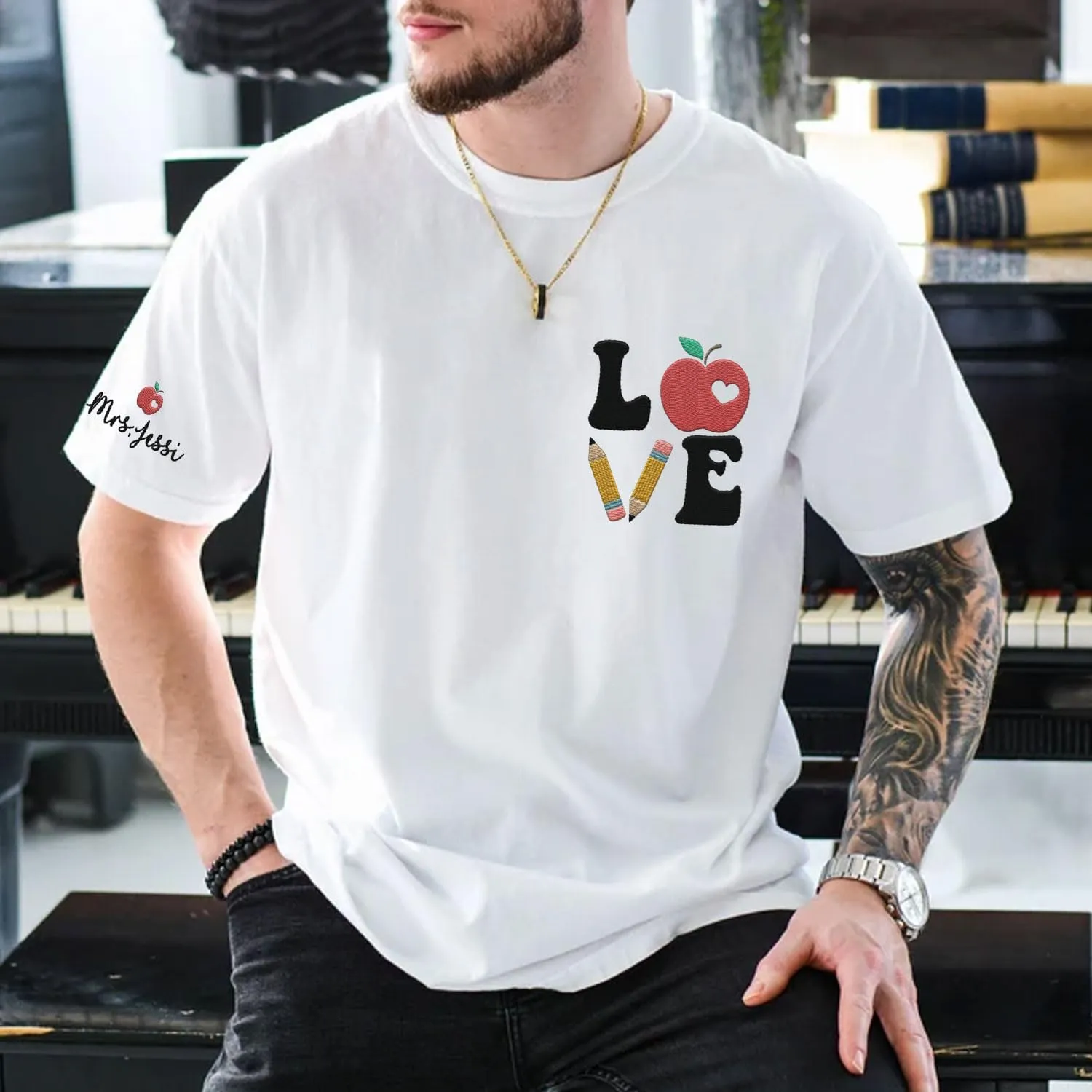 Custom Teacher Back to School Embroidered SweatShirt Gifts Preschool to Elementary ABCD Rainbow Pencil T-Shirts for Women Men