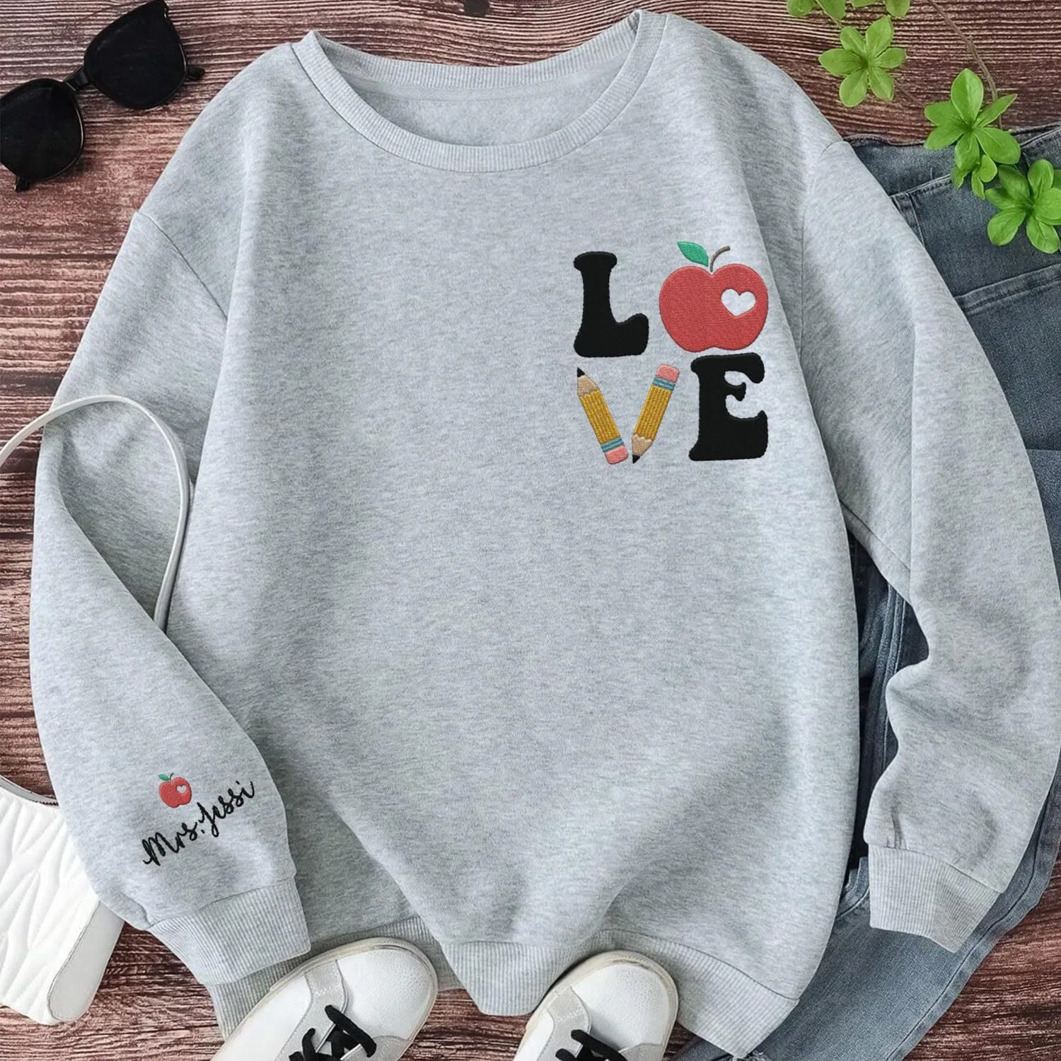 Custom Teacher Back to School Embroidered SweatShirt Gifts Preschool to Elementary ABCD Rainbow Pencil T-Shirts for Women Men