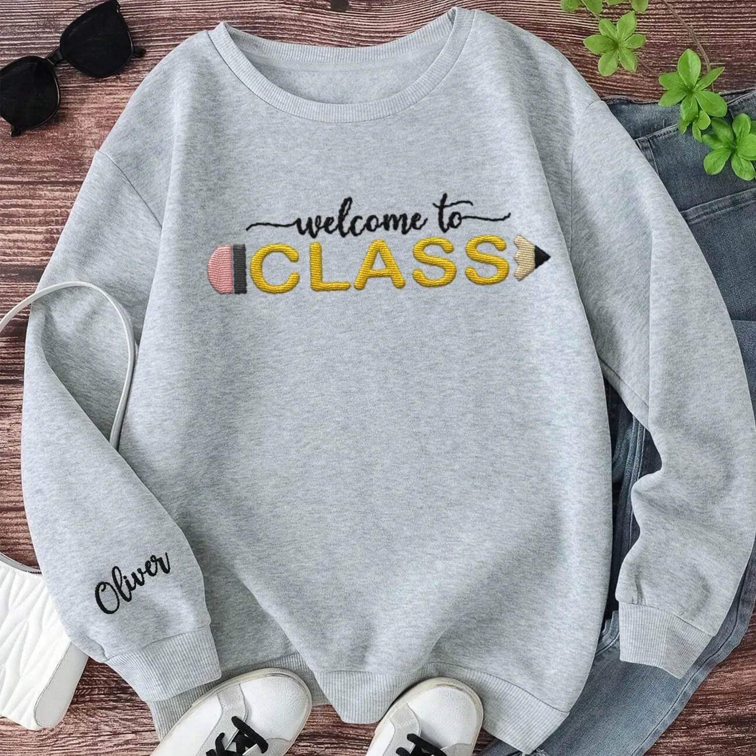 Custom Teacher Back to School Embroidered SweatShirt Gifts Preschool to Elementary ABCD Rainbow Pencil T-Shirts for Women Men