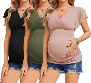 Ekouaer Womens Maternity T Shirts 3 Packs Tunic Nursing Tops Short Sleeve Pregnancy Clothes Black/Pink/Army Green XL