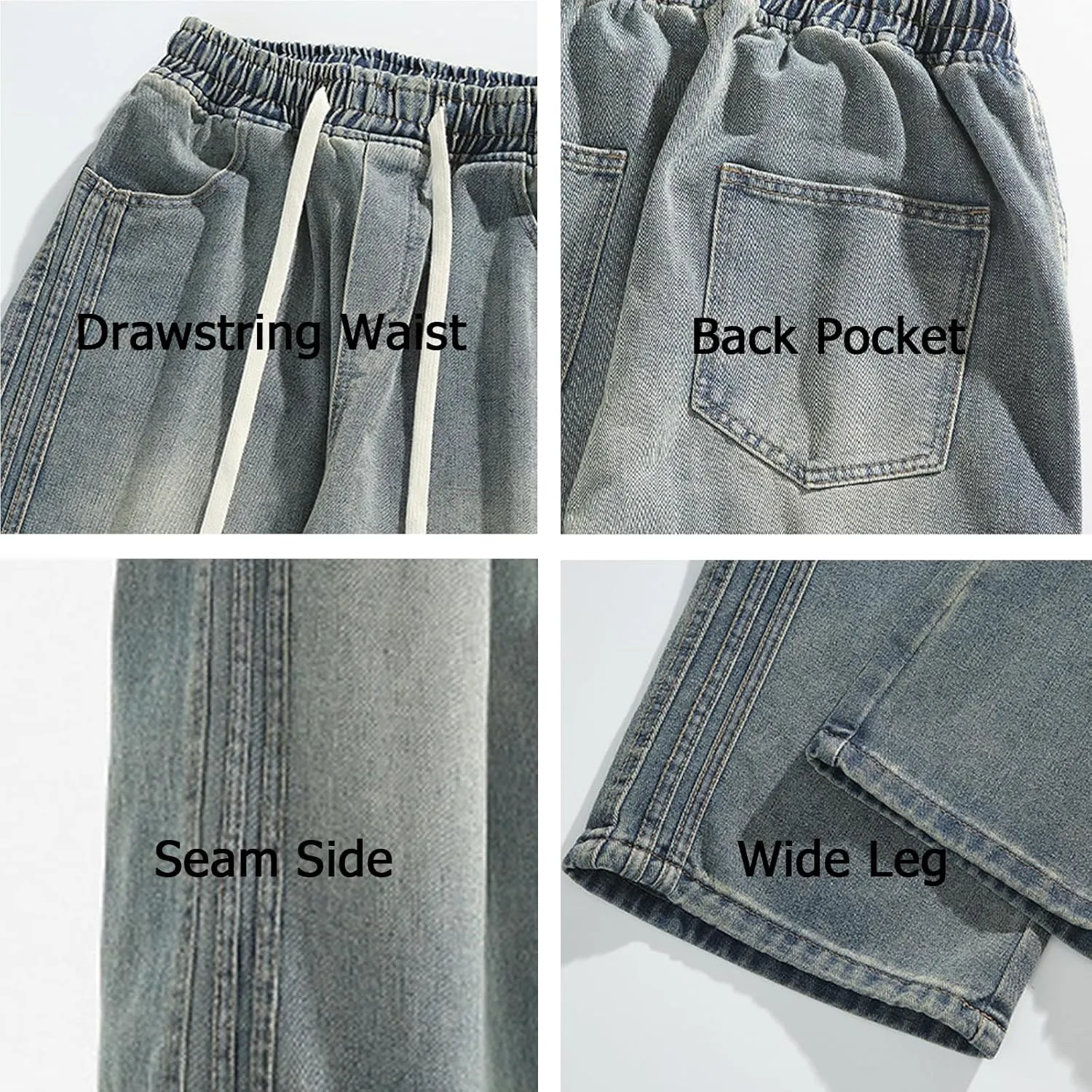 Elastic Waist Jeans for Men Baggy Loose Fit Drawstring Denim Pants Y2k Hip Hop Seam Wide Leg Pull On Jeans