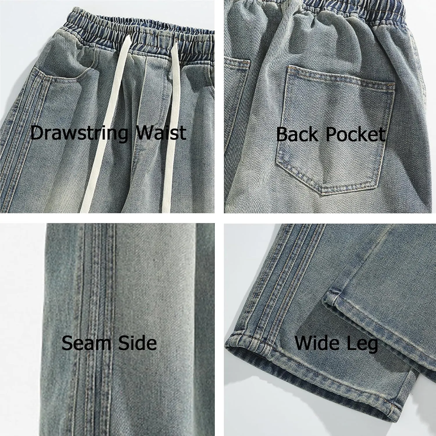 Elastic Waist Jeans for Men Baggy Loose Fit Drawstring Denim Pants Y2k Hip Hop Seam Wide Leg Pull On Jeans
