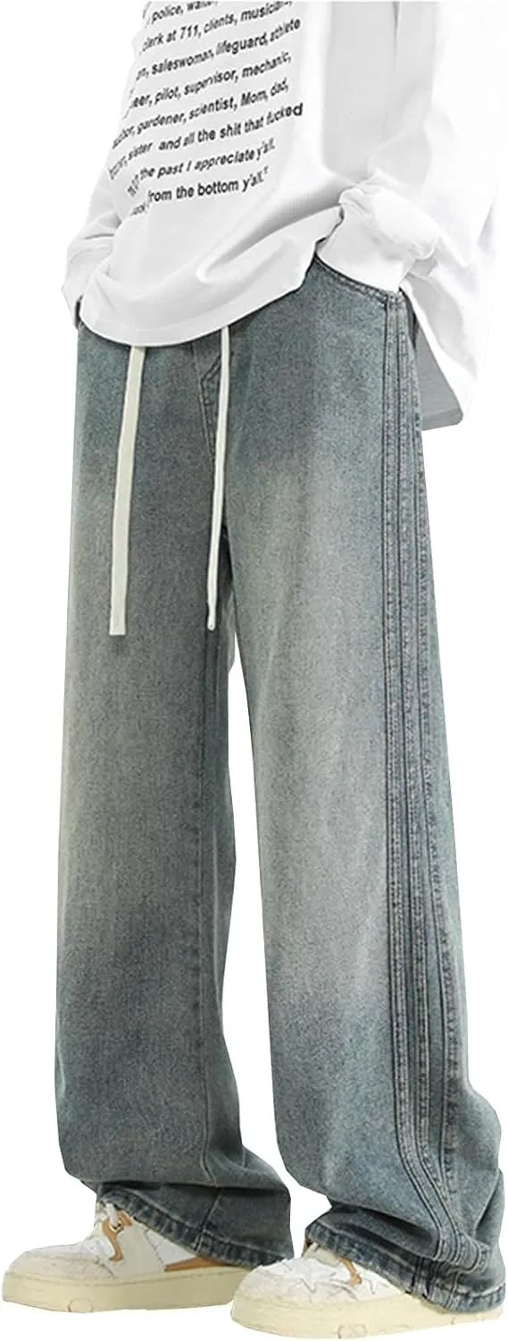 Elastic Waist Jeans for Men Baggy Loose Fit Drawstring Denim Pants Y2k Hip Hop Seam Wide Leg Pull On Jeans
