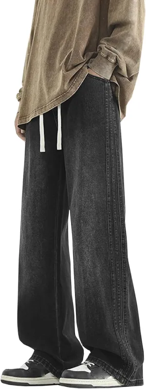 Elastic Waist Jeans for Men Baggy Loose Fit Drawstring Denim Pants Y2k Hip Hop Seam Wide Leg Pull On Jeans