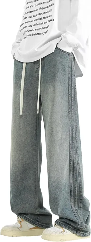 Elastic Waist Jeans for Men Baggy Loose Fit Drawstring Denim Pants Y2k Hip Hop Seam Wide Leg Pull On Jeans