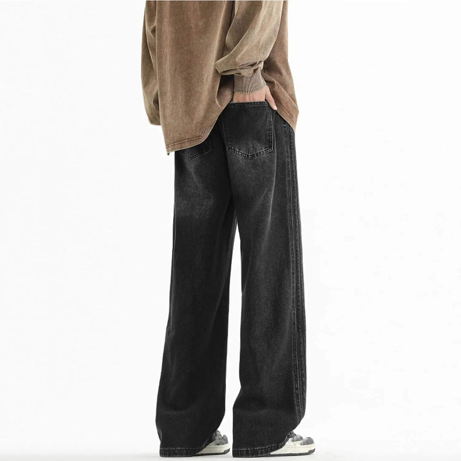 Elastic Waist Jeans for Men Baggy Loose Fit Drawstring Denim Pants Y2k Hip Hop Seam Wide Leg Pull On Jeans