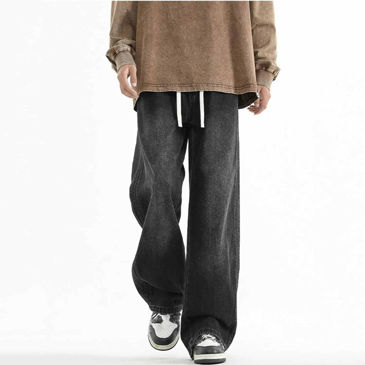 Elastic Waist Jeans for Men Baggy Loose Fit Drawstring Denim Pants Y2k Hip Hop Seam Wide Leg Pull On Jeans