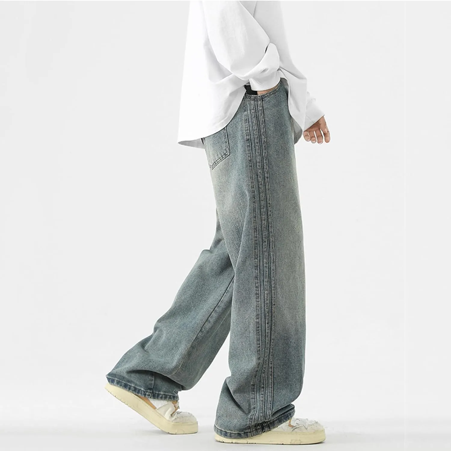 Elastic Waist Jeans for Men Baggy Loose Fit Drawstring Denim Pants Y2k Hip Hop Seam Wide Leg Pull On Jeans