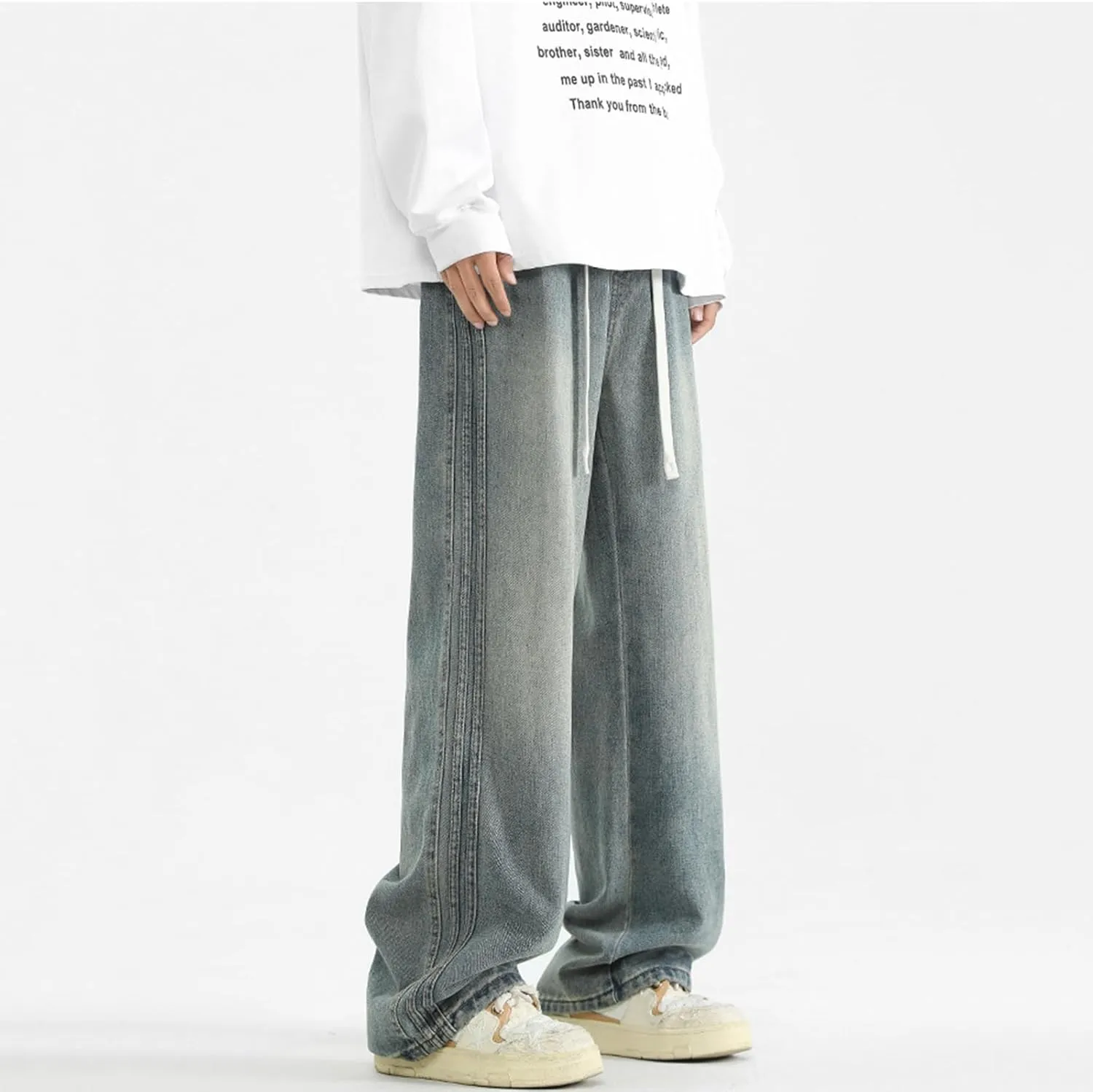 Elastic Waist Jeans for Men Baggy Loose Fit Drawstring Denim Pants Y2k Hip Hop Seam Wide Leg Pull On Jeans